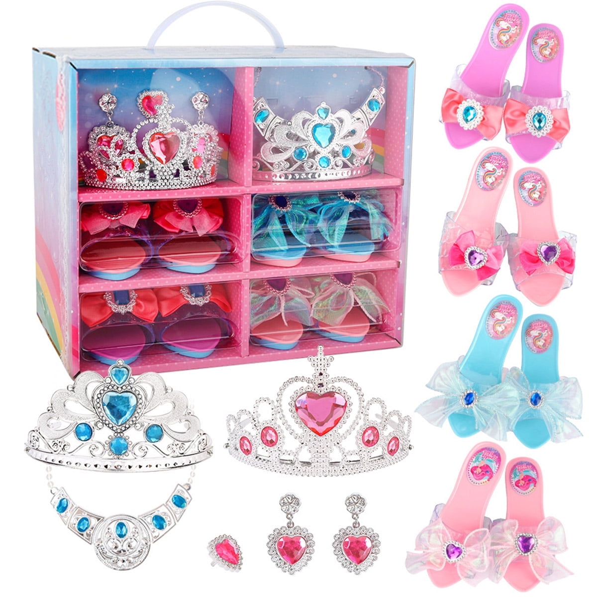 Girls Princess Dress Up Shoes and Accessories with 4 Pair of Princess Play Shoes and Jewelry Birthday Gifts Set