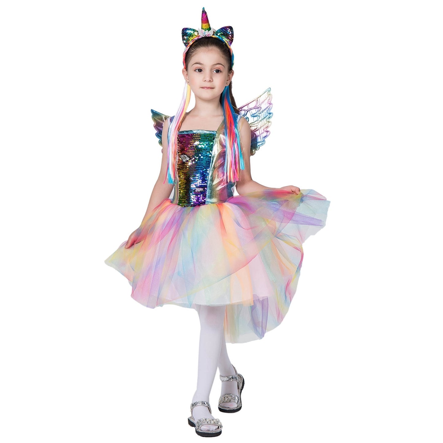 Girls Unicorn Costume Rainbow Dress with Wing Headband for Little Girls