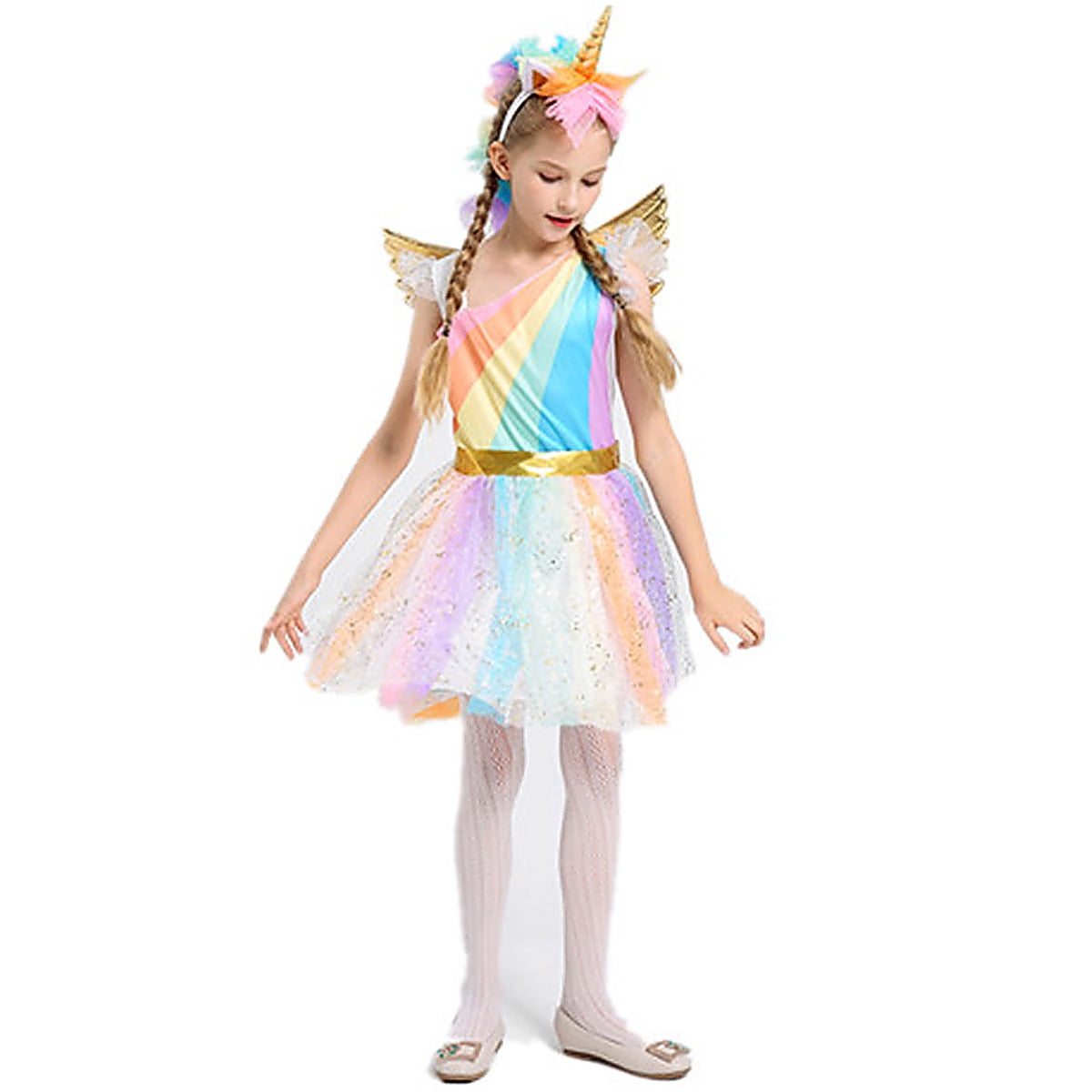 Girls Unicorn Costume Rainbow Dress with Wing Headband for Little Girls