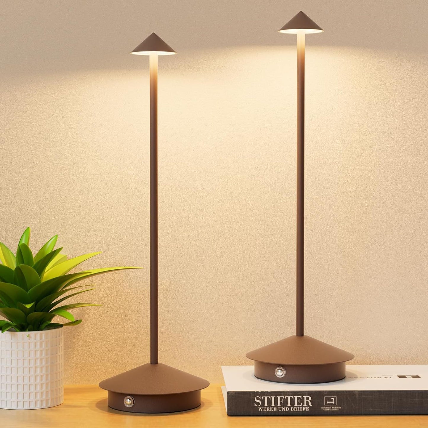 Minimalist rechargeable LED table lamp slim metal stem pyramid cap bronze Nordic style