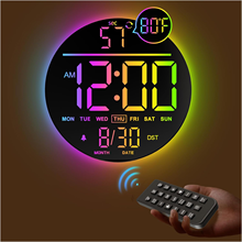 Large Round Wall Clock RGB Colorful LED Digital Alarm Auto-Dim