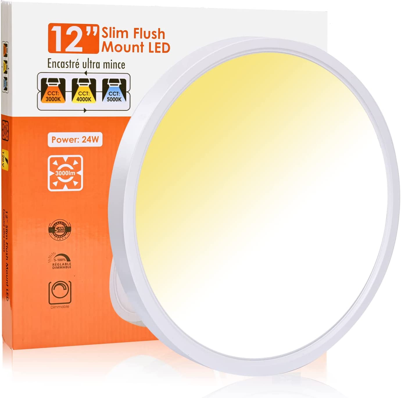 12 inch slim flush mount LED ceiling light with packaging box showing 3CCT options