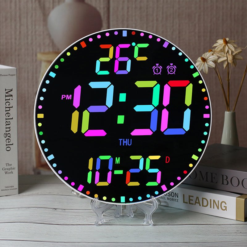 KAWELL Round RGB LED Digital Wall Clock 12 inch 7 Colors Remote Control