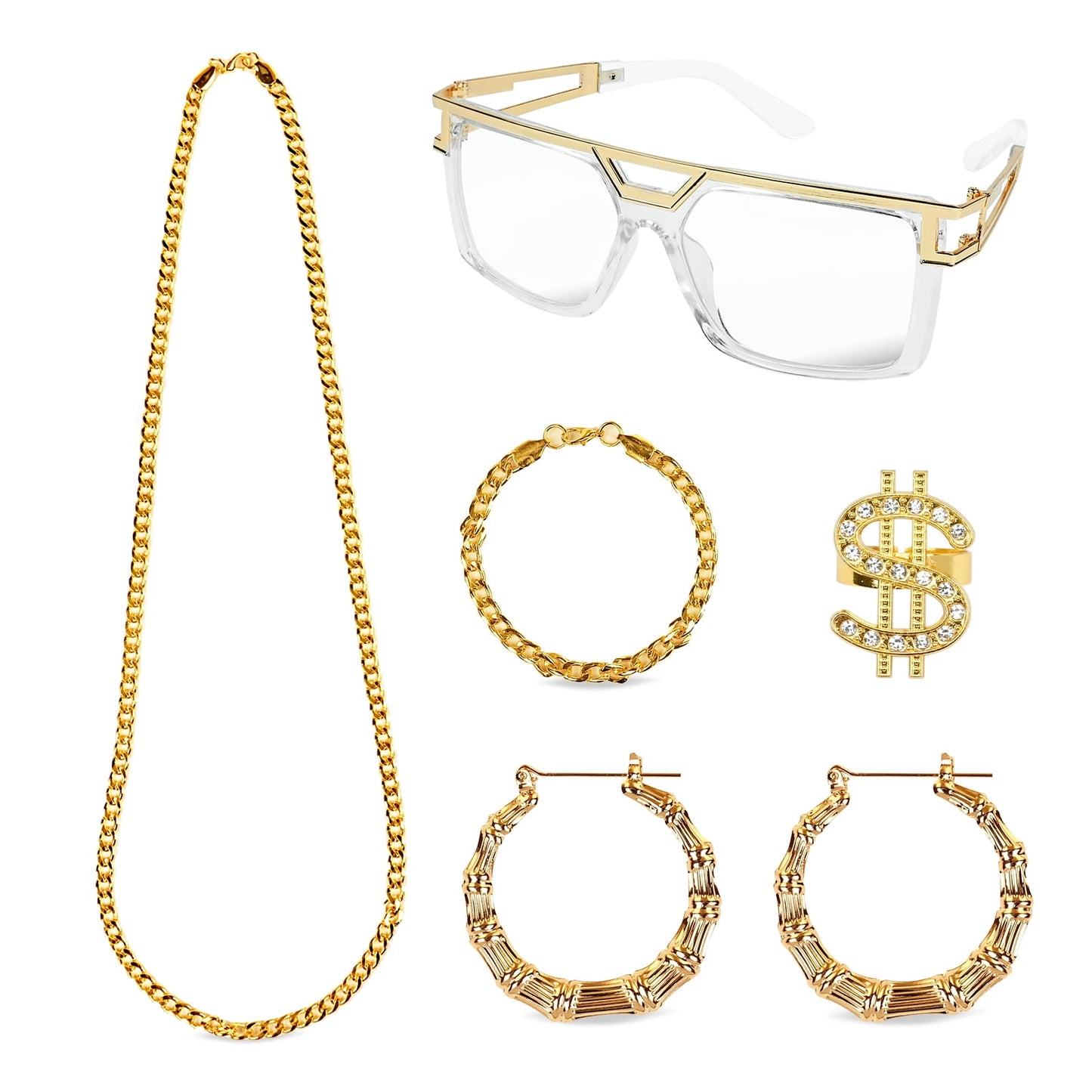 KAWELL Retro 80s 90s Fashion Jewelry Set, Vintage Style Sunglasses Chain Necklace Hoop Earrings, Gold Tone Accessories for Women Men