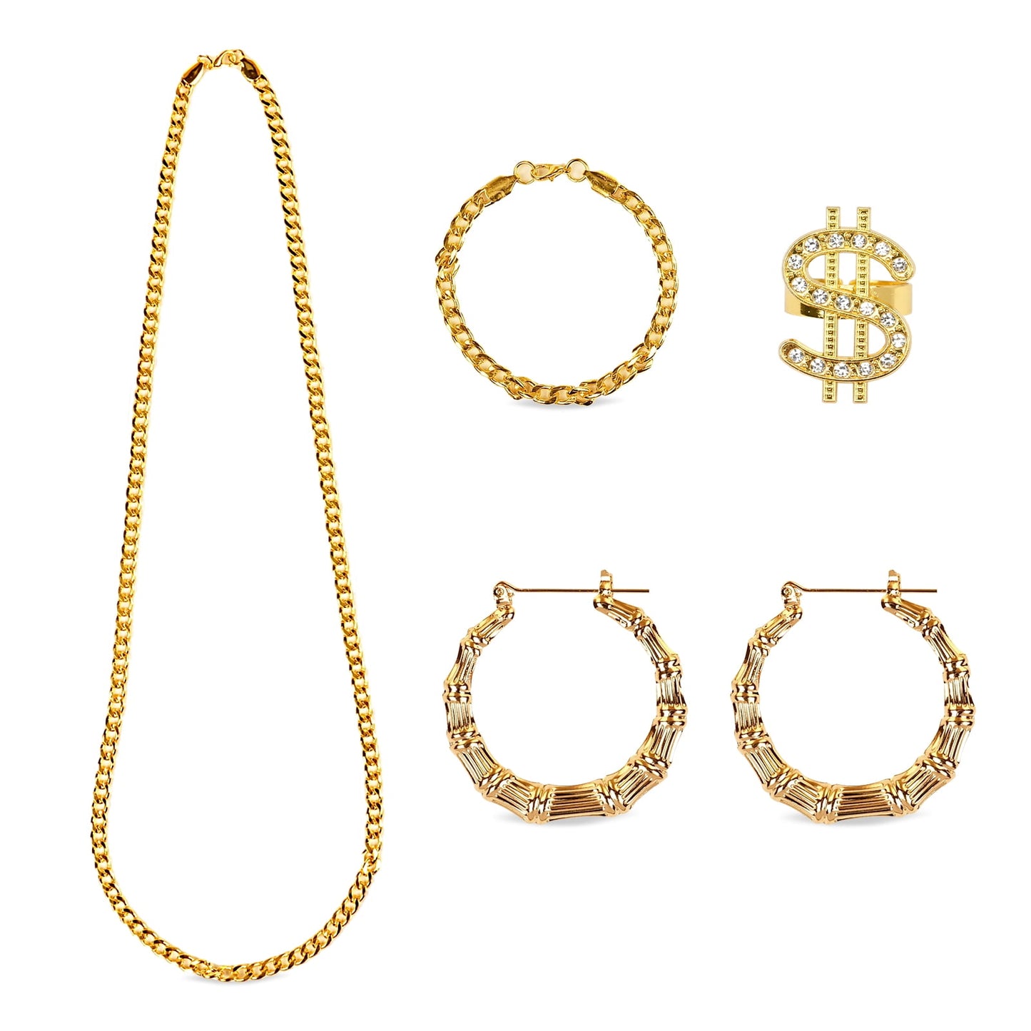 KAWELL Retro 80s 90s Fashion Jewelry Set, Vintage Style Sunglasses Chain Necklace Hoop Earrings, Gold Tone Accessories for Women Men