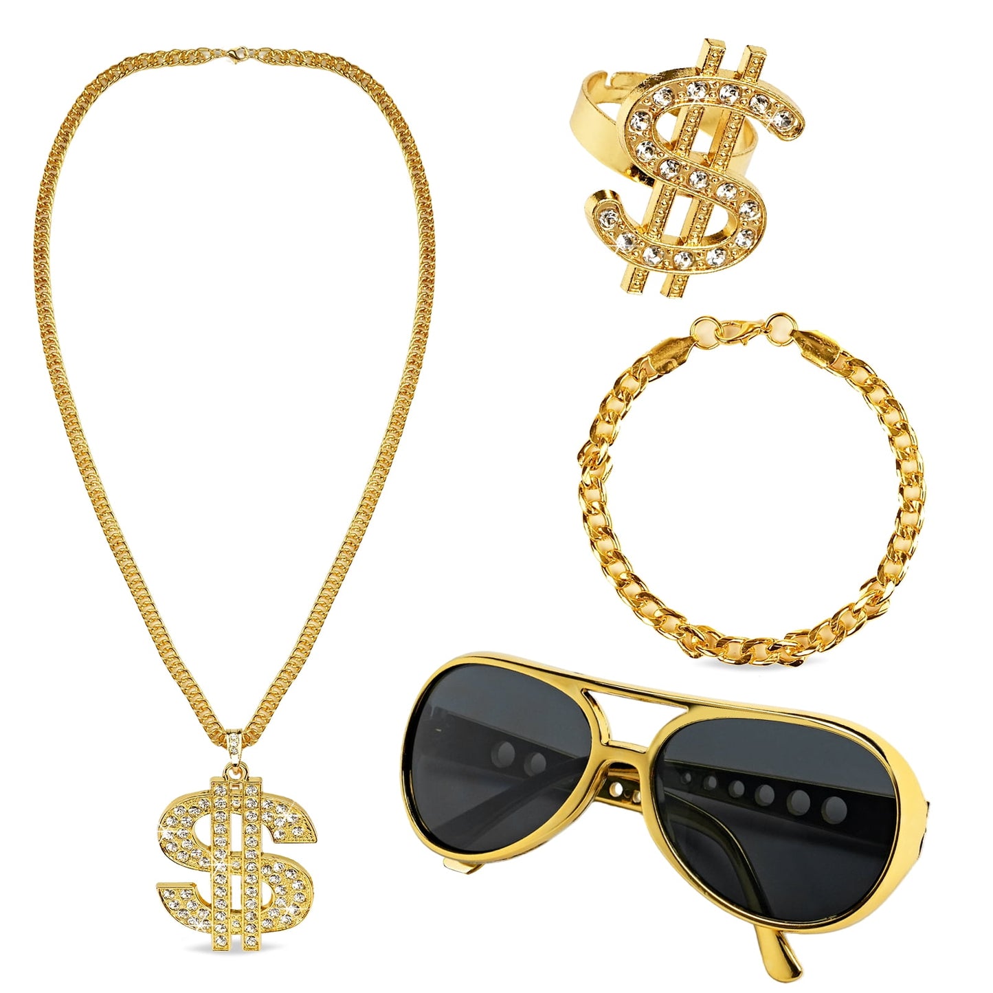 KAWELL Retro 80s 90s Fashion Jewelry Set, Vintage Style Sunglasses Chain Necklace Hoop Earrings, Gold Tone Accessories for Women Men