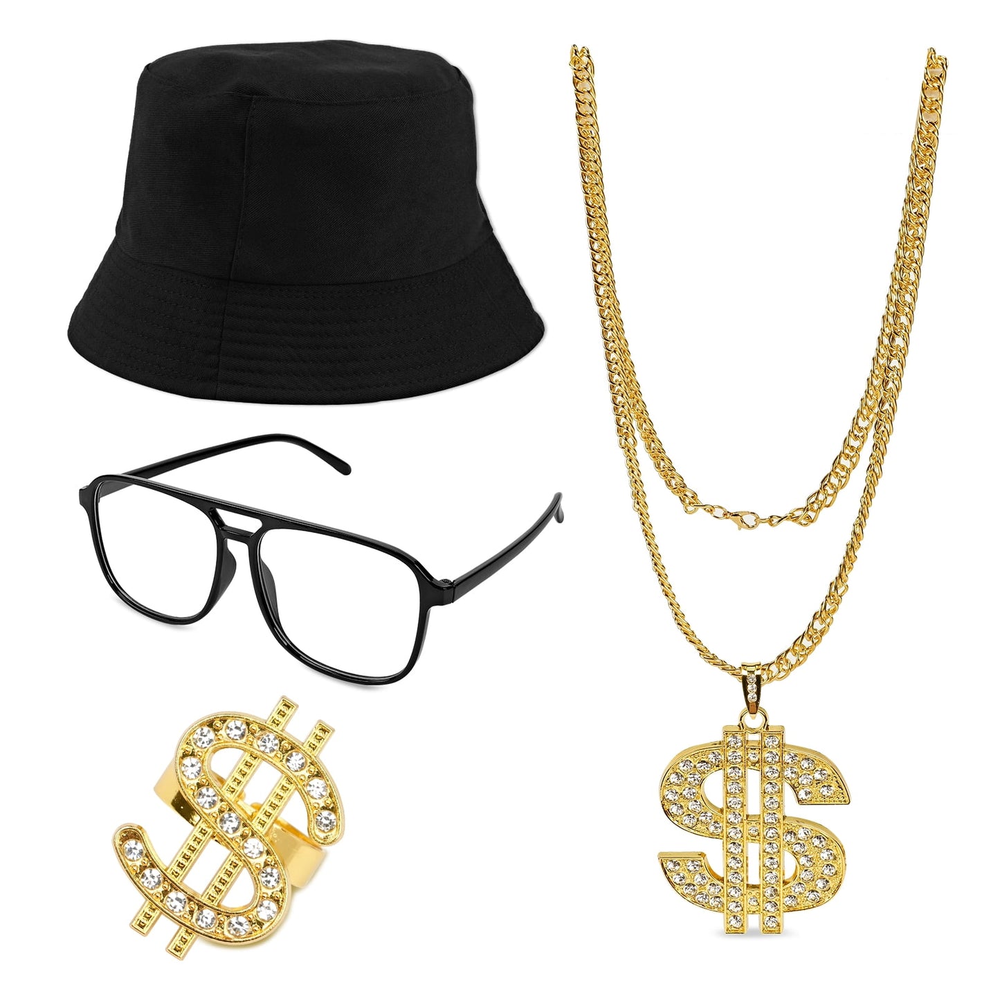 KAWELL Retro 80s 90s Fashion Jewelry Set, Vintage Style Sunglasses Chain Necklace Hoop Earrings, Gold Tone Accessories for Women Men