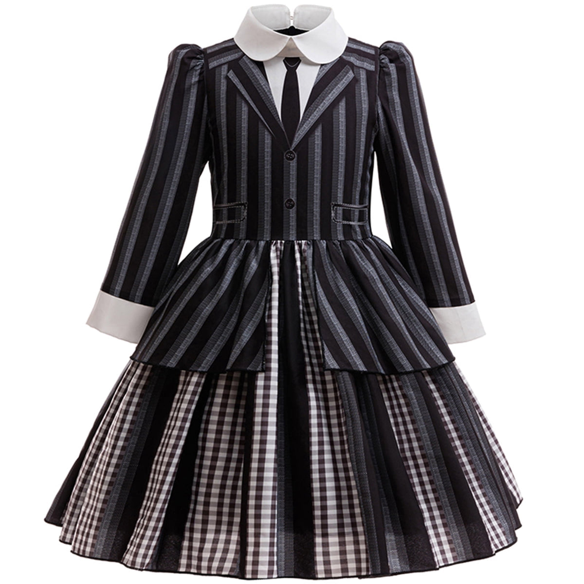 KAWELL Black Costume for Girls, Academy Uniform Outfits Cosplay with Black Wig, Pleated Skirt Girl's Stripes Suits Sets for Halloween