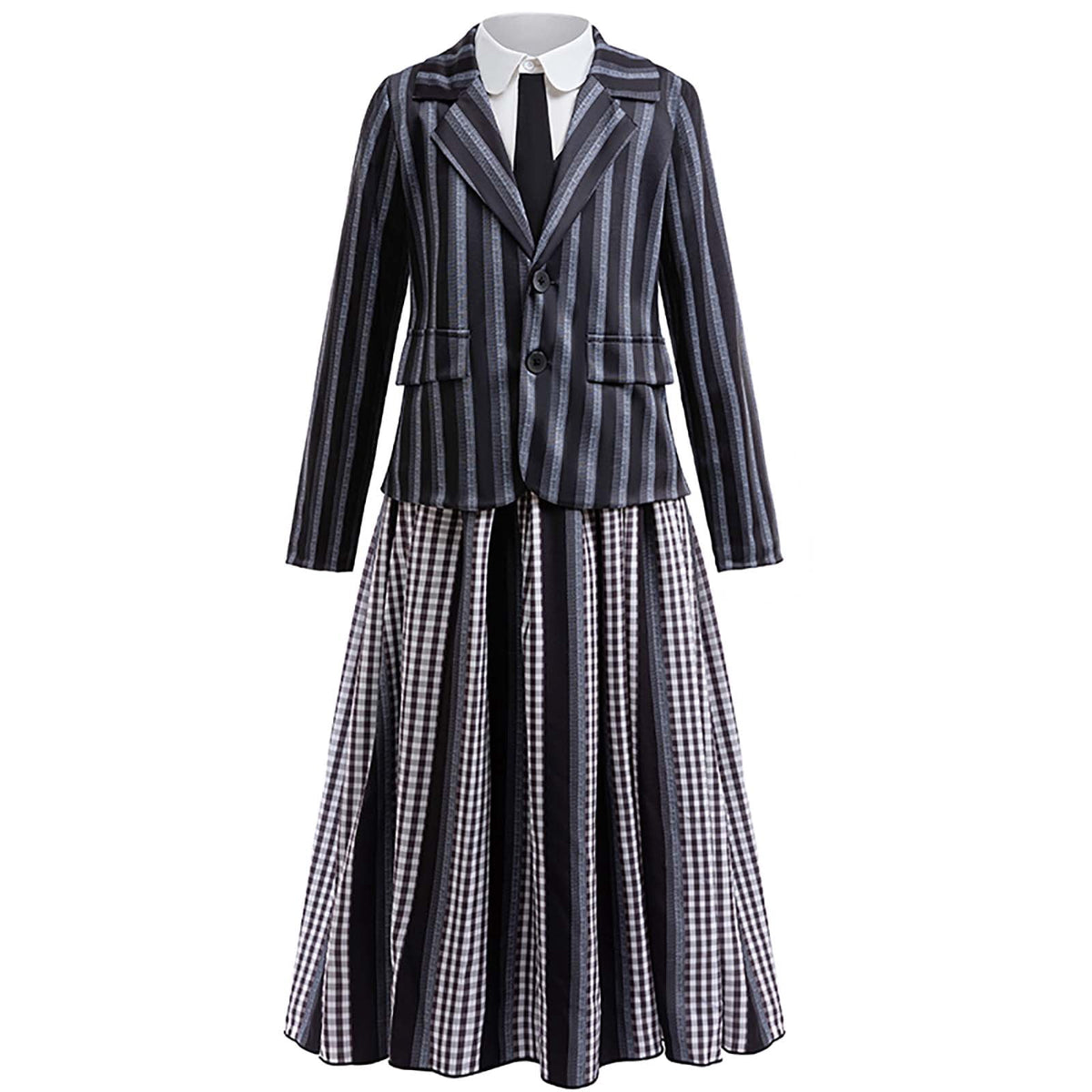 KAWELL Black Costume for Girls, Academy Uniform Outfits Cosplay with Black Wig, Pleated Skirt Girl's Stripes Suits Sets for Halloween
