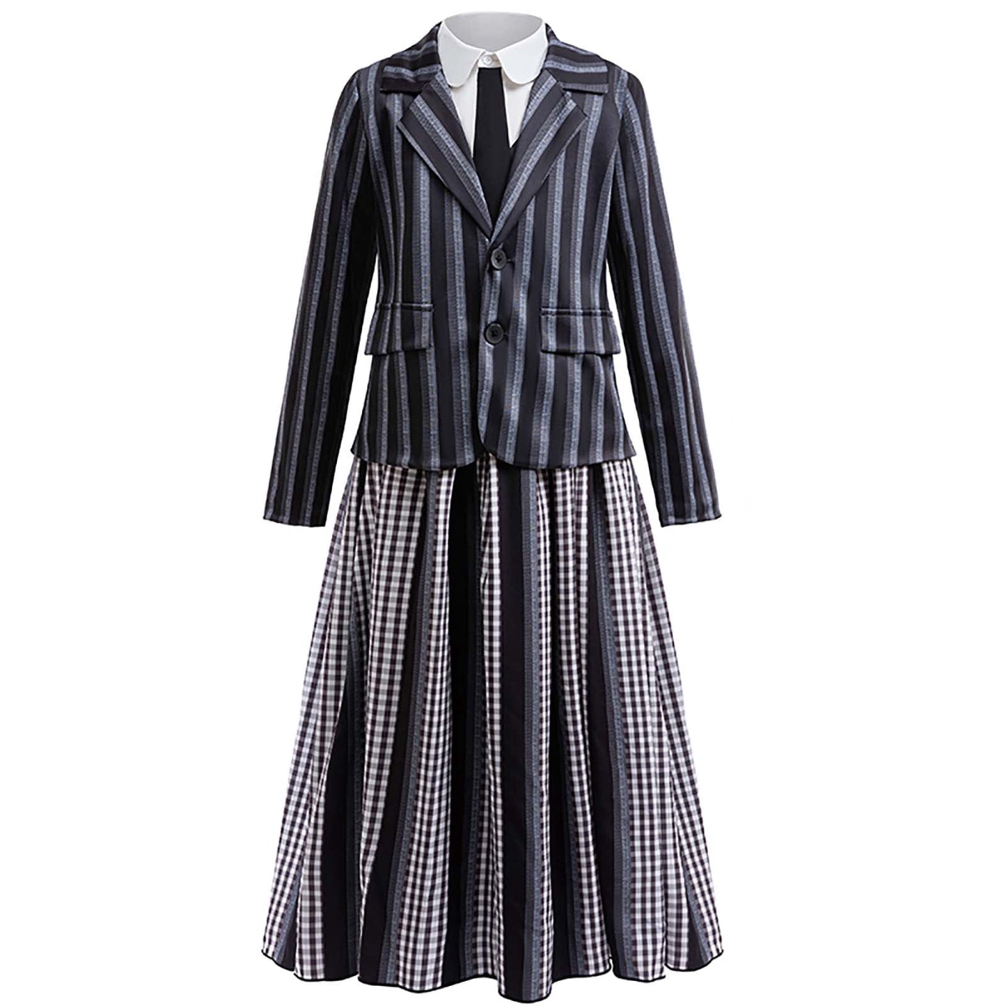 KAWELL Black Costume for Girls, Academy Uniform Outfits Cosplay with Black Wig, Pleated Skirt Girl's Stripes Suits Sets for Halloween