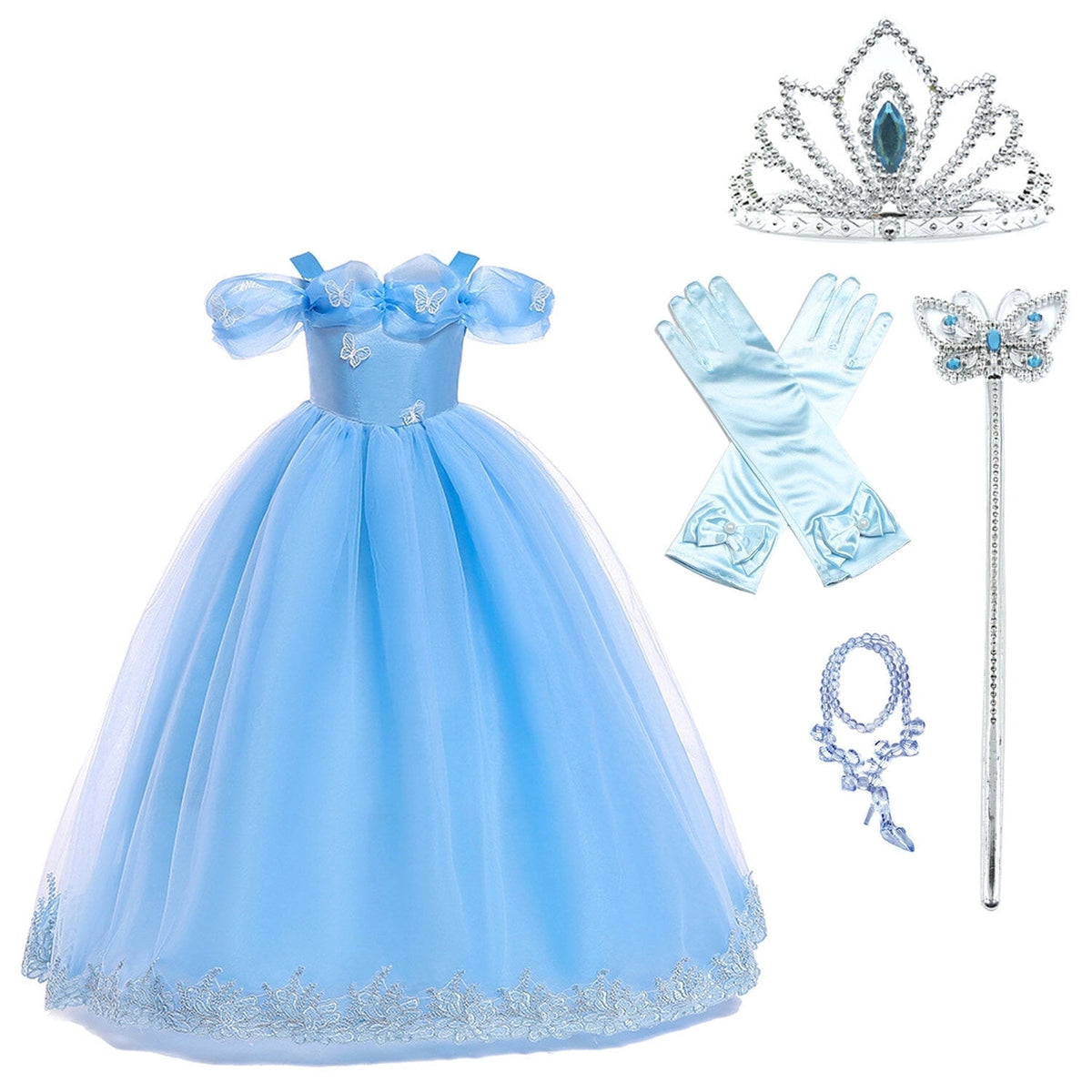 KAWELL Blue Princess Costume Girls Halloween Party Fancy Butterfly Dress with Classic Off Shoulder for Kids, Girls 7-8 Years