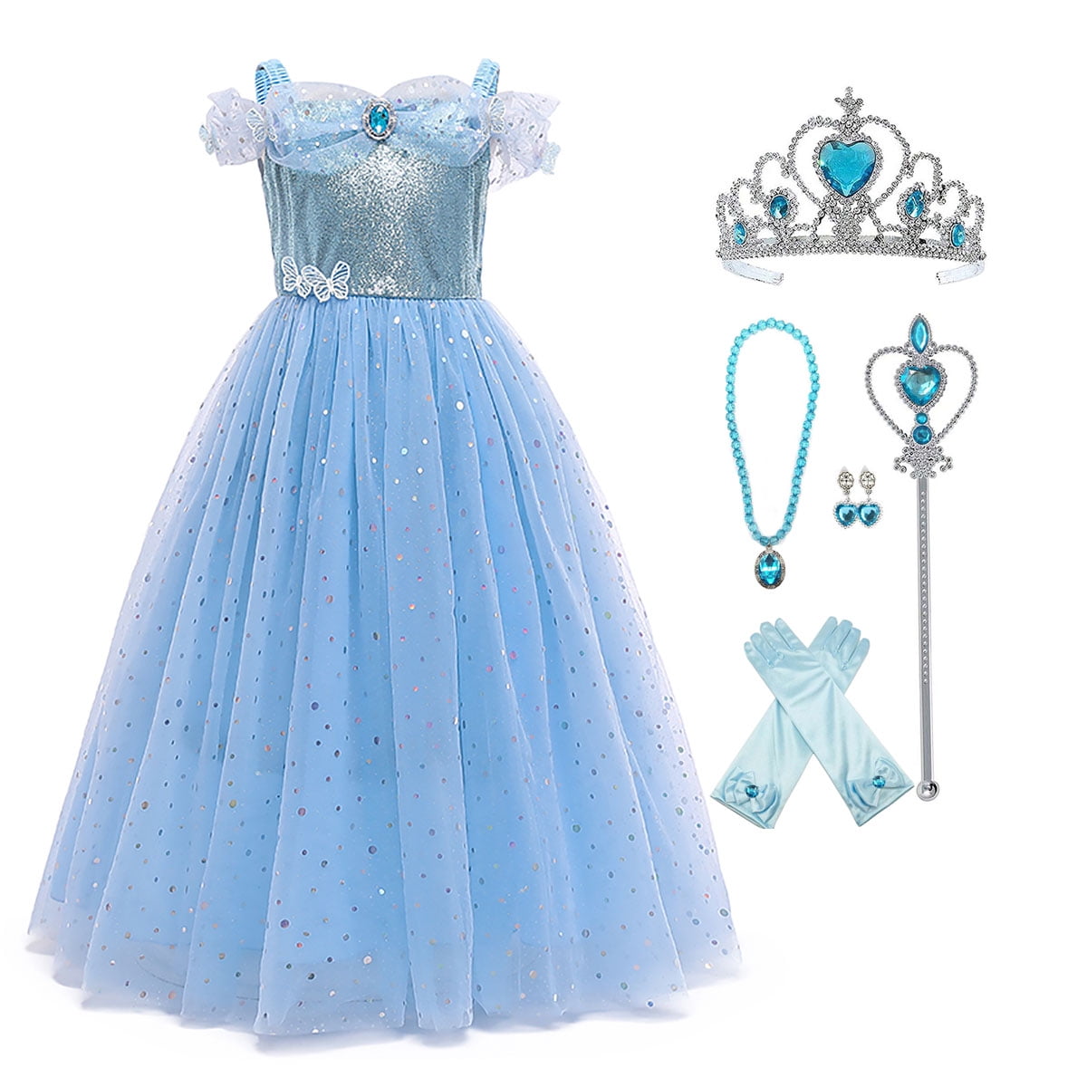 KAWELL Toddler Girls' Princess Dress Costume, Blue Sparkle Tulle Gown for Christmas, Halloween, Birthday Party, Ages 3-10T
