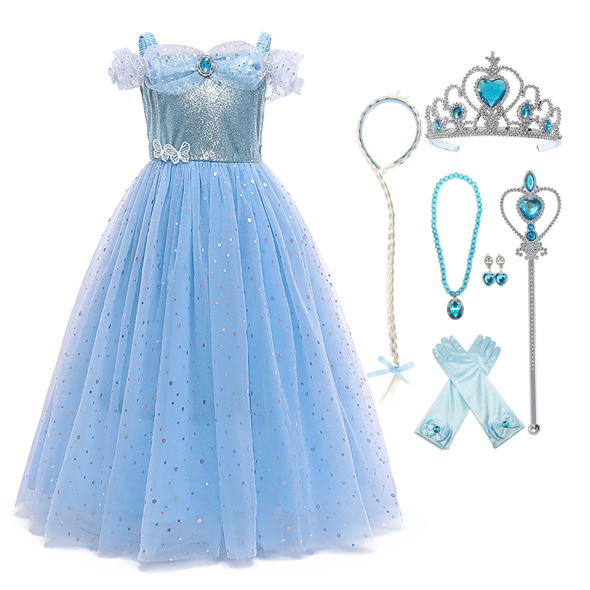 KAWELL Toddler Girls' Princess Dress Costume, Blue Sparkle Tulle Gown for Christmas, Halloween, Birthday Party, Ages 3-10T