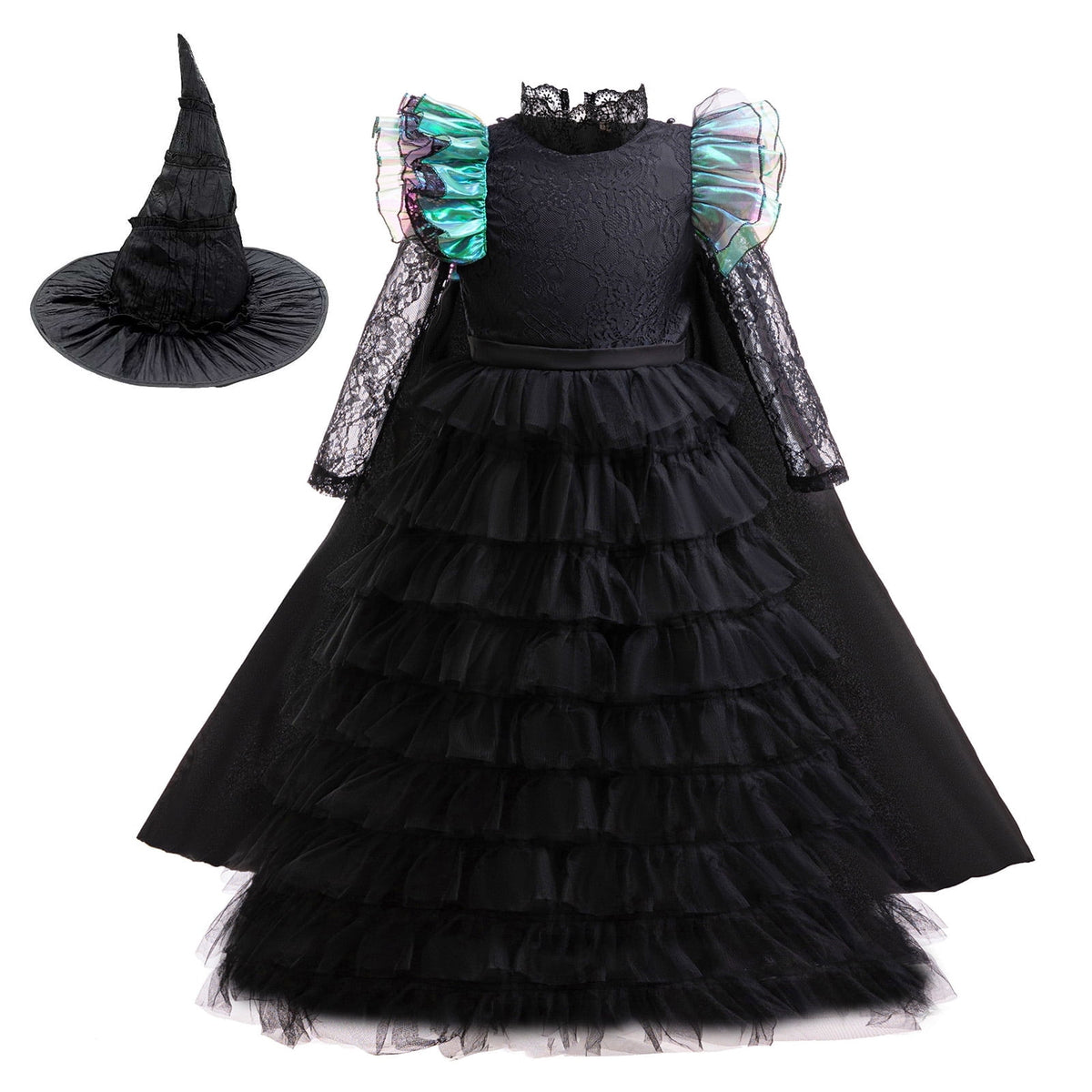 KAWELL Elphaba Costume Dress for Halloween Cosplay Birthday Party Outfit With Cape and Witch Hat