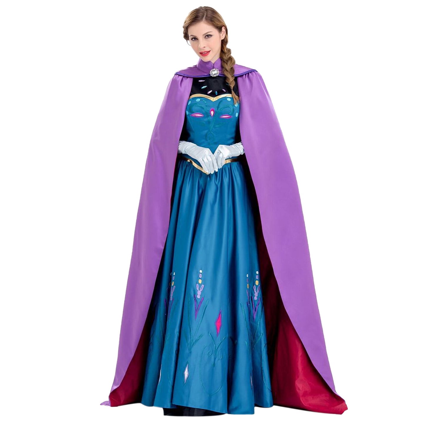KAWELL Women Princess Costume and Cloak 5'8" Blue Halloween Dress with Luxury Embroidery (4 Pieces)