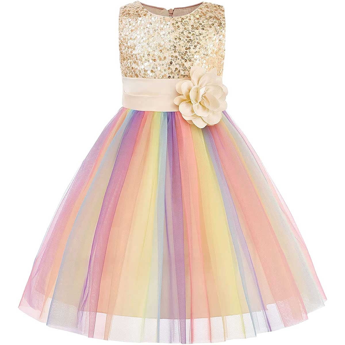 KAWELL Flower Girls Sequence Sequin Rainbow Tulle Wedding Party Dress Bridesmaid Birthday Pageant Ball Gown