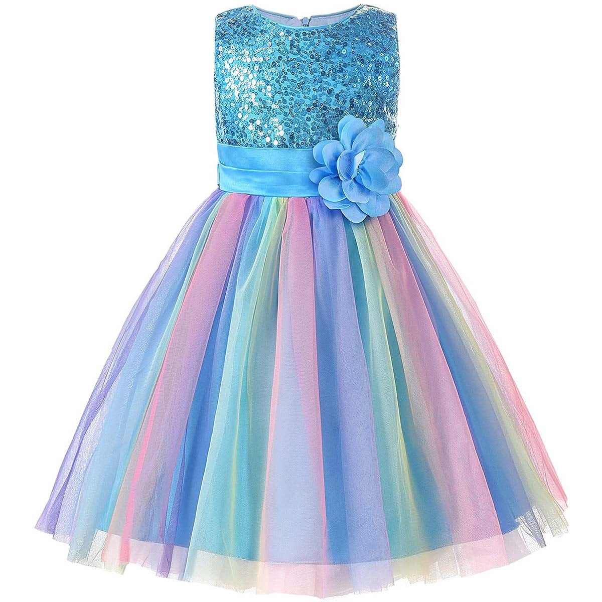 KAWELL Flower Girls Sequence Sequin Rainbow Tulle Wedding Party Dress Bridesmaid Birthday Pageant Ball Gown