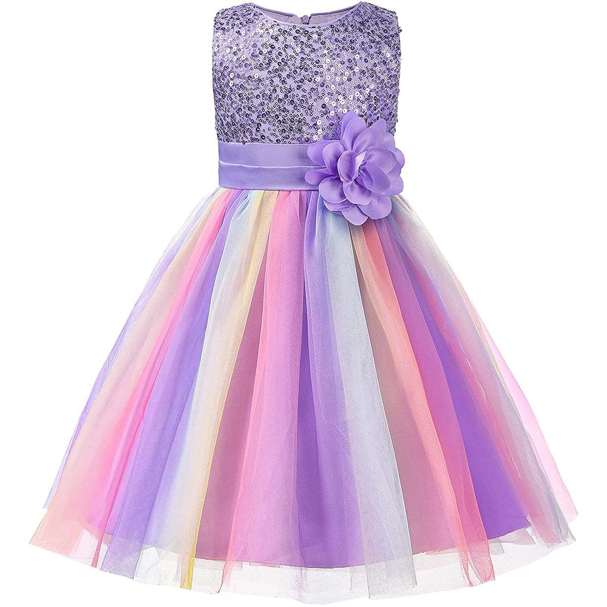 KAWELL Flower Girls Sequence Sequin Rainbow Tulle Wedding Party Dress Bridesmaid Birthday Pageant Ball Gown