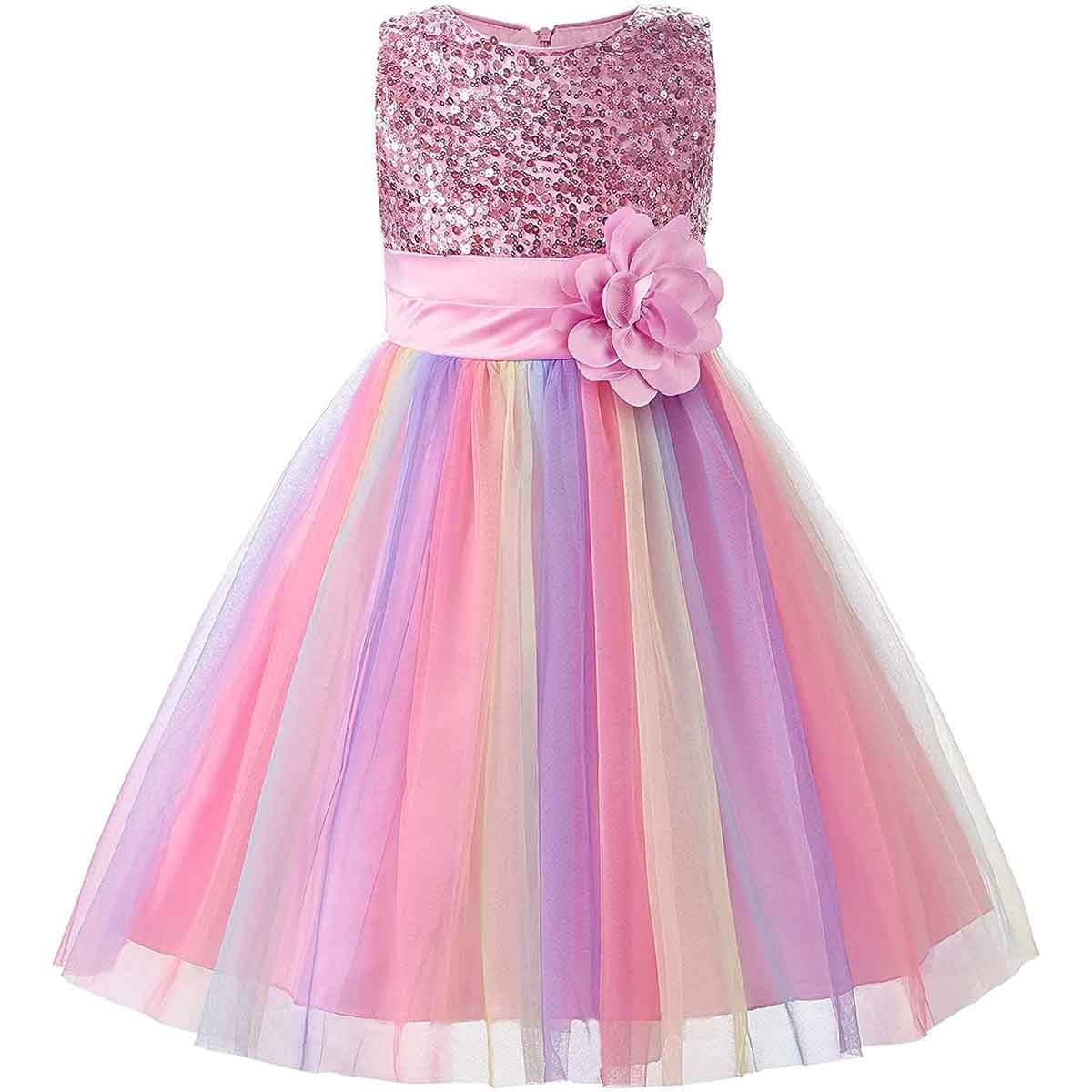 KAWELL Flower Girls Sequence Sequin Rainbow Tulle Wedding Party Dress Bridesmaid Birthday Pageant Ball Gown