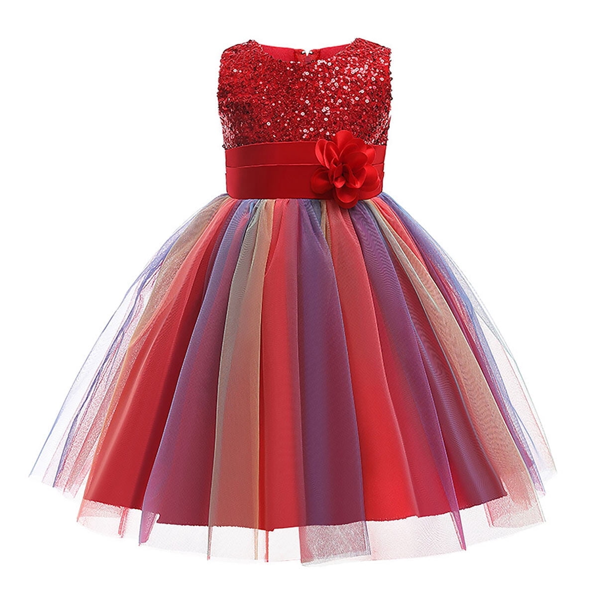 KAWELL Flower Girls Sequence Sequin Rainbow Tulle Wedding Party Dress Bridesmaid Birthday Pageant Ball Gown