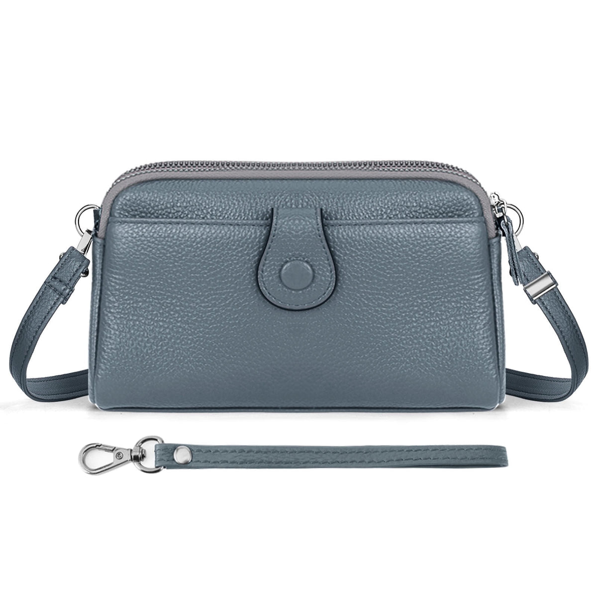 KAWELL Genuine Leather Wristlet Clutch Wallet Purses Small Crossbody Bags Shoulder Handbag for Women, Silver Zipper