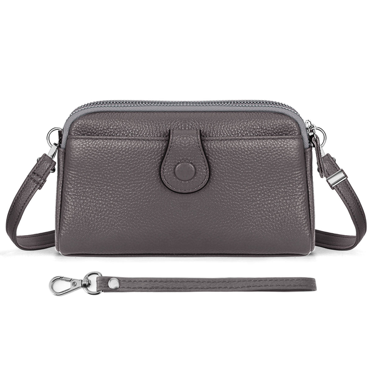 KAWELL Genuine Leather Wristlet Clutch Wallet Purses Small Crossbody Bags Shoulder Handbag for Women, Silver Zipper