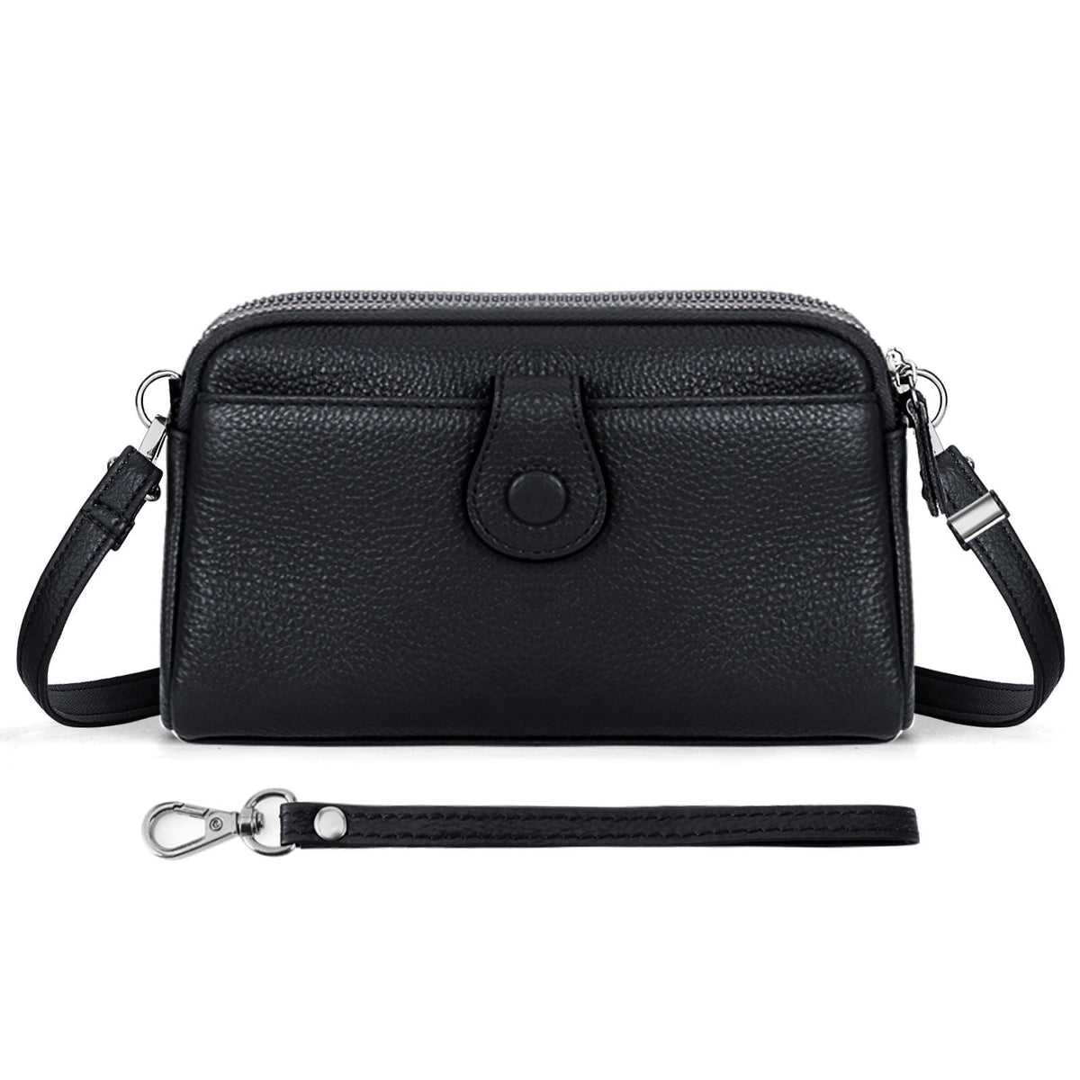 KAWELL Genuine Leather Wristlet Clutch Wallet Purses Small Crossbody Bags Shoulder Handbag for Women, Silver Zipper