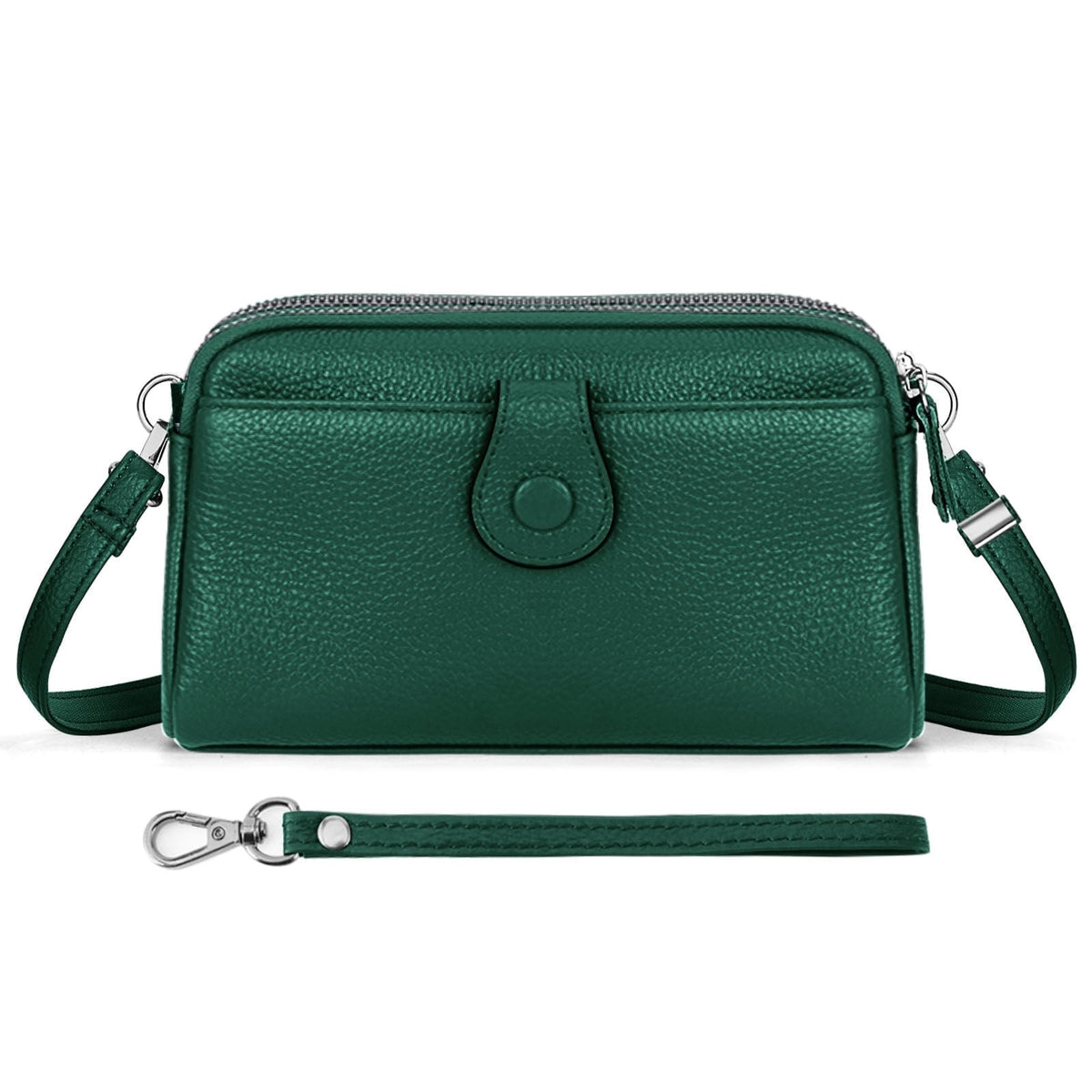 KAWELL Genuine Leather Wristlet Clutch Wallet Purses Small Crossbody Bags Shoulder Handbag for Women, Silver Zipper
