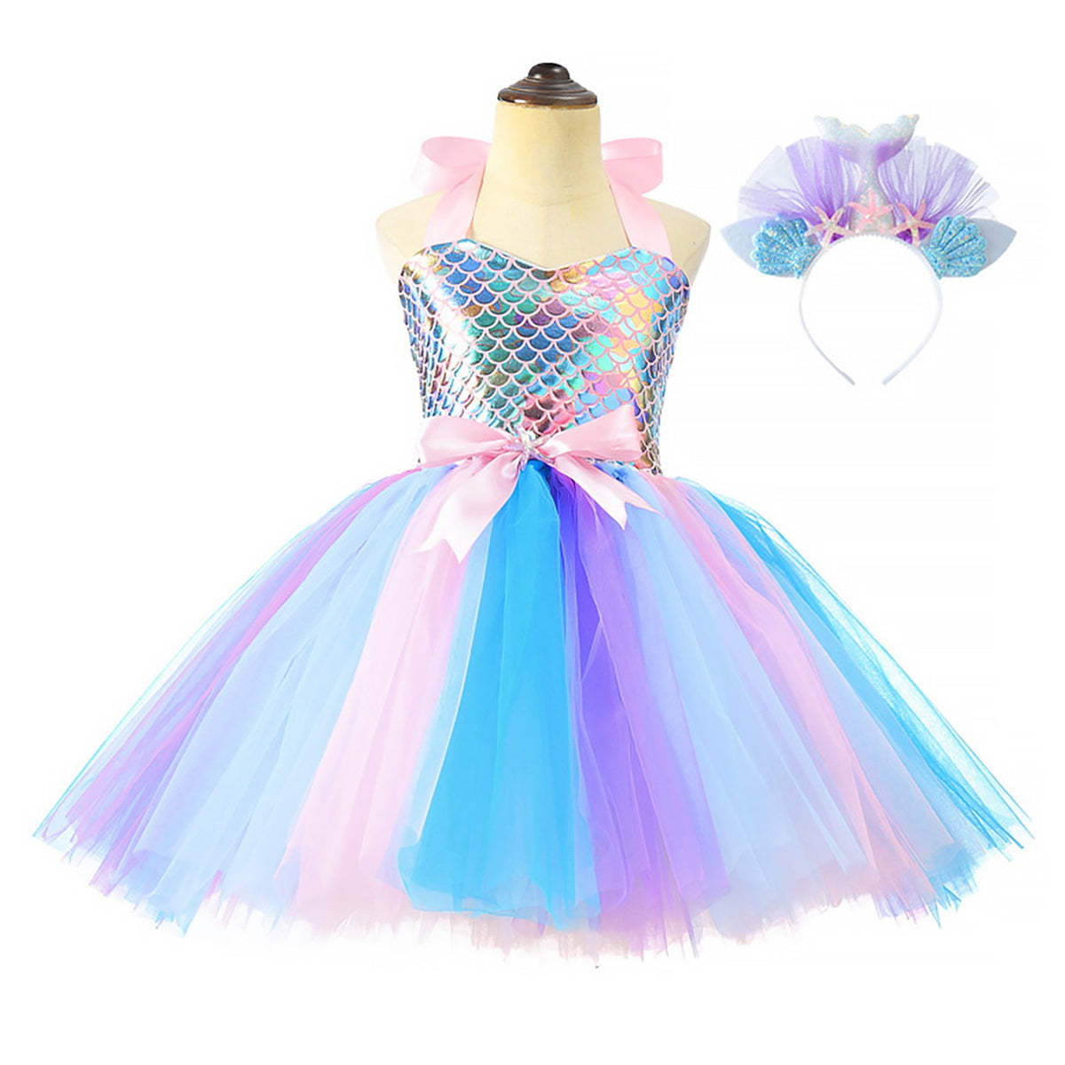 KAWELL Mermaid Tutu Dress Birthday Party Halloween Princess Costume with Headband (Purple)