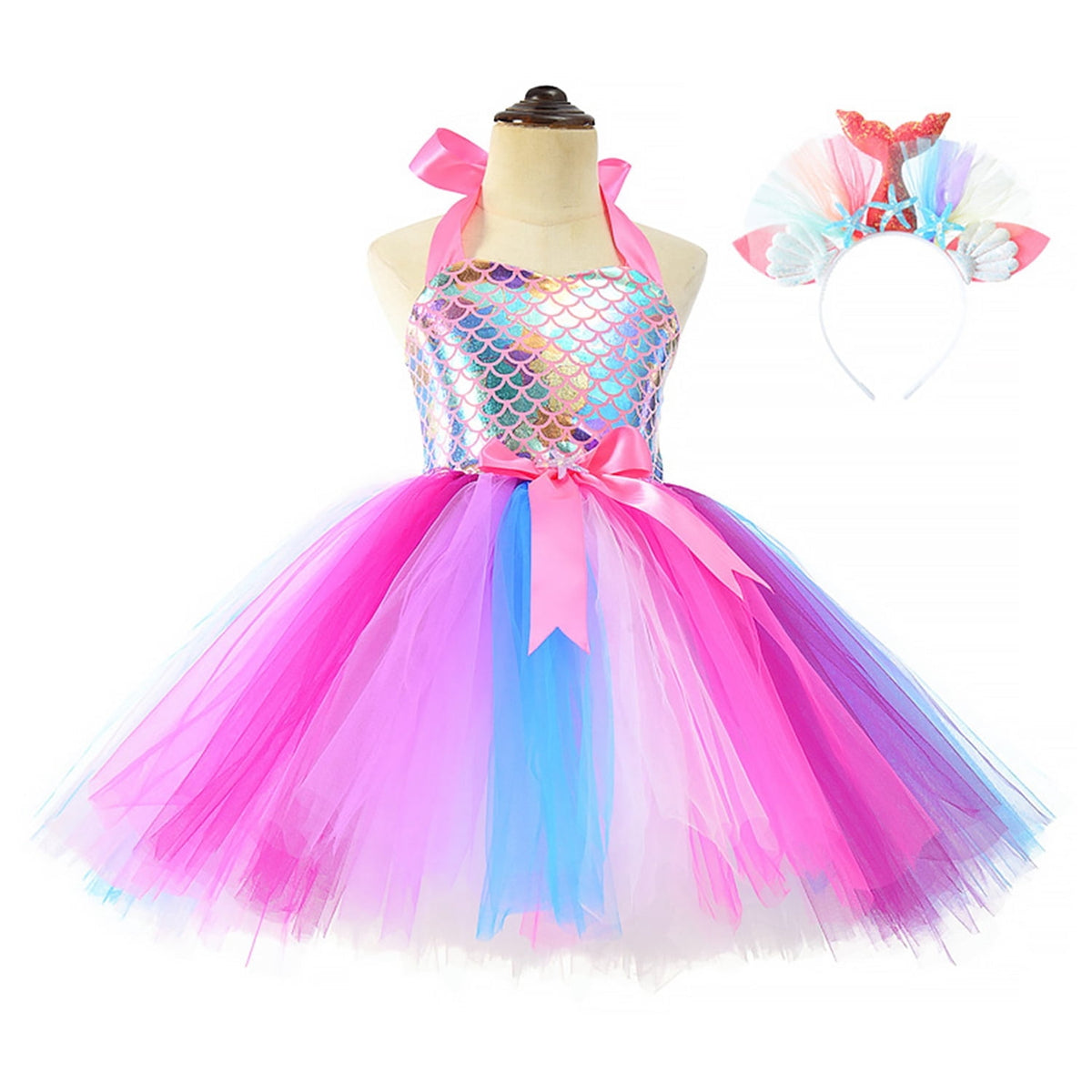 KAWELL Mermaid Tutu Dress Birthday Party Halloween Princess Costume with Headband (Purple)