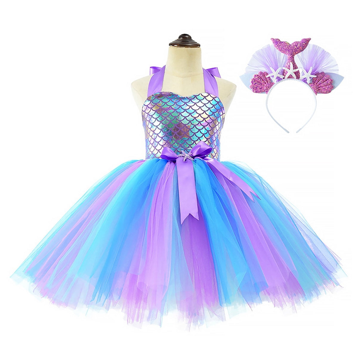 KAWELL Mermaid Tutu Dress Birthday Party Halloween Princess Costume with Headband (Purple)