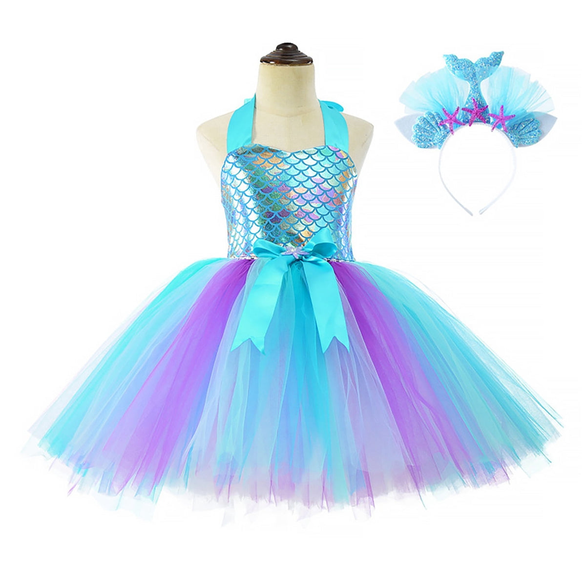 KAWELL Mermaid Tutu Dress Birthday Party Halloween Princess Costume with Headband (Purple)