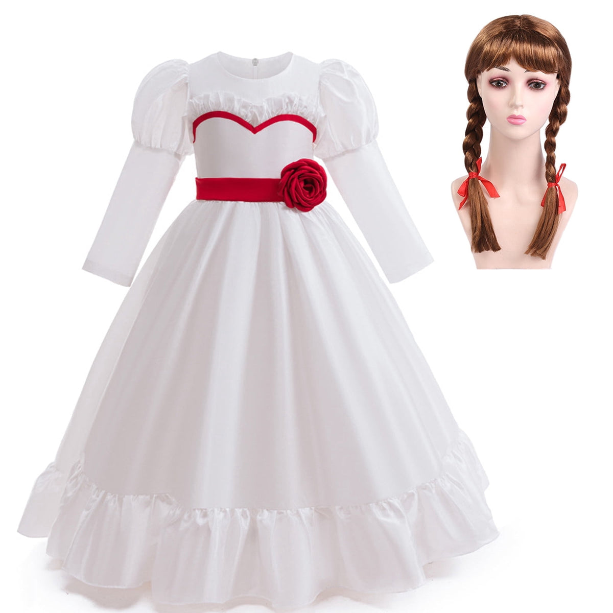 KAWELL Halloween Scary White Dress Horror Movie Party Long Dress Cosplay Costume with Wig