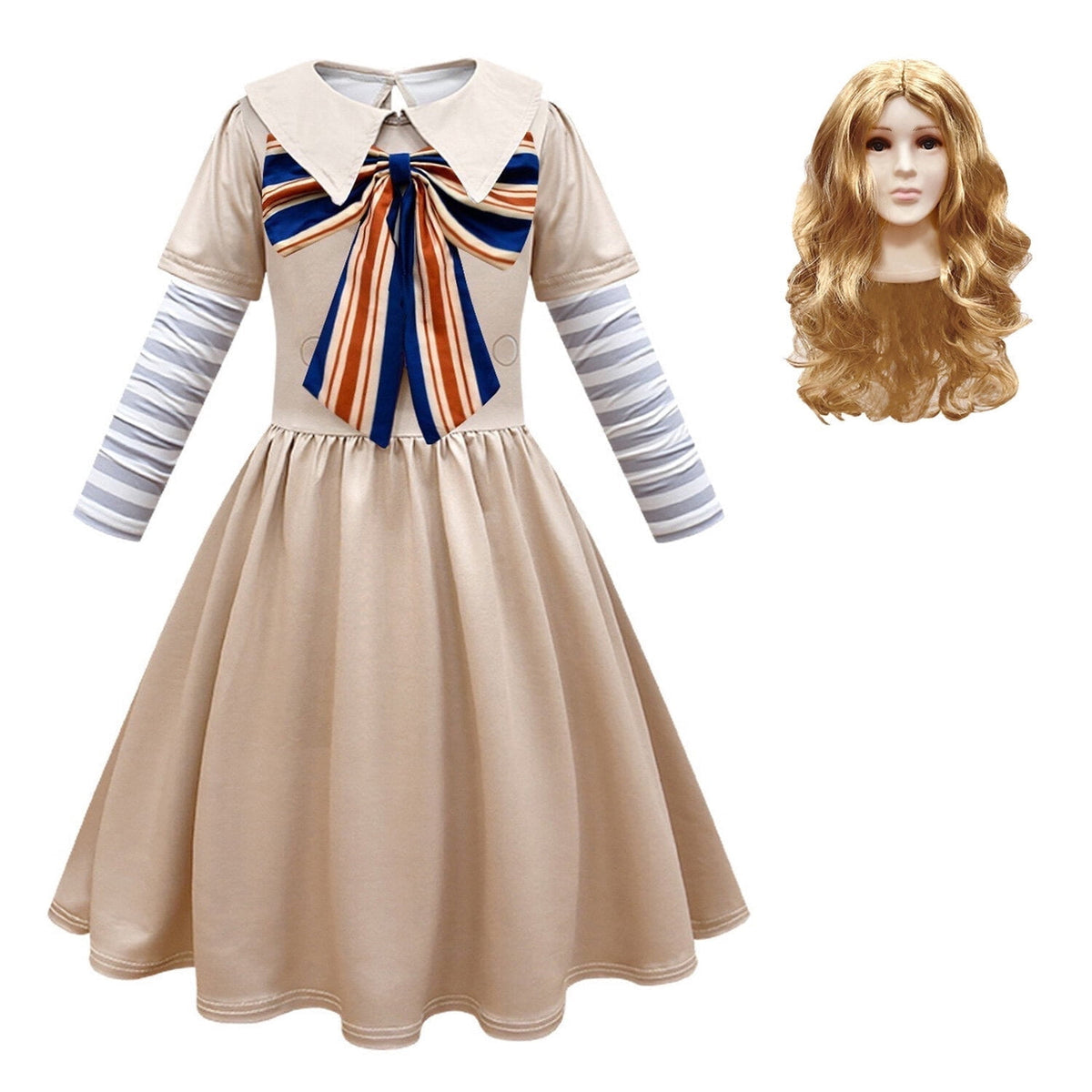 KAWELL Khaki Costume for Girls Fancy Costumes Uniform Dress Halloween Outfit With Bow Sleeves Bag and Wigs