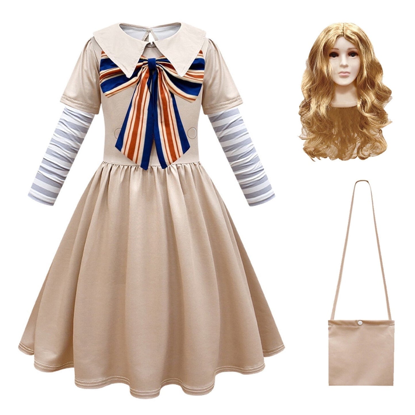 KAWELL Khaki Costume for Girls Fancy Costumes Uniform Dress Halloween Outfit With Bow Sleeves Bag and Wigs