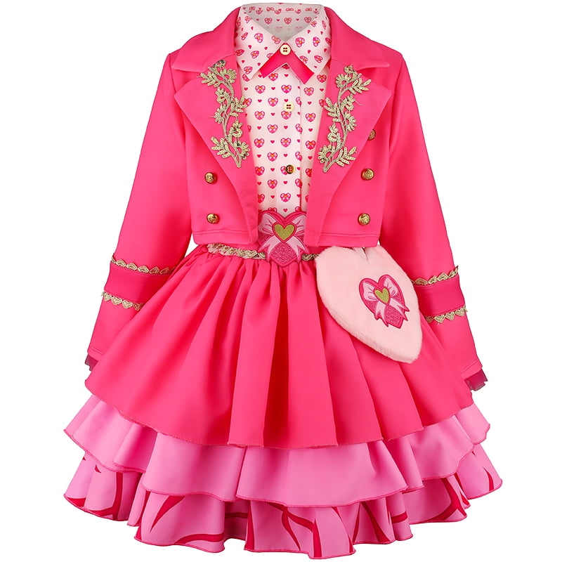 KAWELL Pink Magical Cosplay Costume Set, 3-10Y All-in-One Shirt Skirt Dress with Crop Jacket & Heart Plush Purse, Halloween Birthday Princess Fancy Dress Up Outfit