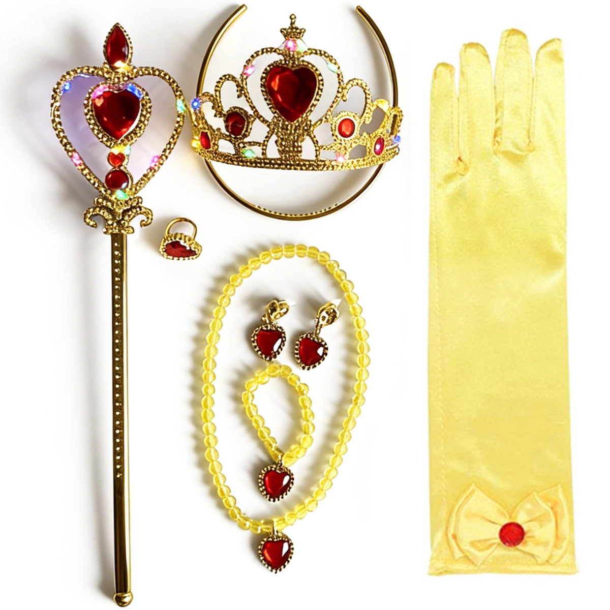 KAWELL Princess Dress Up Accessories, Light Up Wand Crown 7Pcs Princess Dress Up Set with Gloves Tiara Necklace Earrings Bracelet and Ring Gift Set for Cosplay Party, Yellow