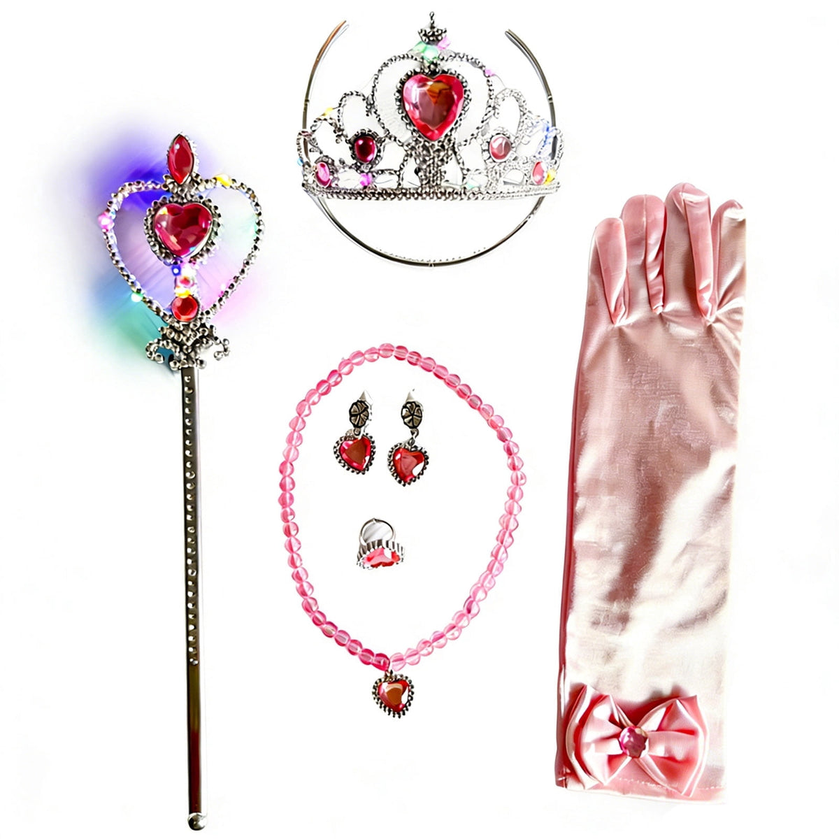 KAWELL Princess Dress Up Accessories, Light Up Wand Crown 7Pcs Princess Dress Up Set with Gloves Tiara Necklace Earrings Bracelet and Ring Gift Set for Cosplay Party, Yellow