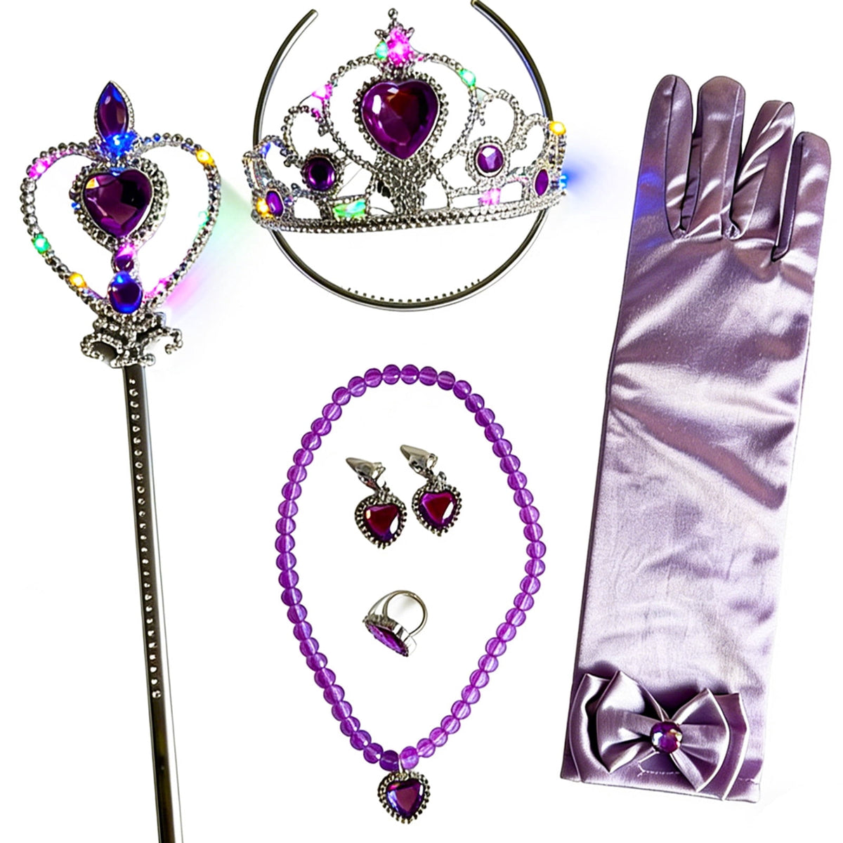 KAWELL Princess Dress Up Accessories, Light Up Wand Crown 7Pcs Princess Dress Up Set with Gloves Tiara Necklace Earrings Bracelet and Ring Gift Set for Cosplay Party, Yellow