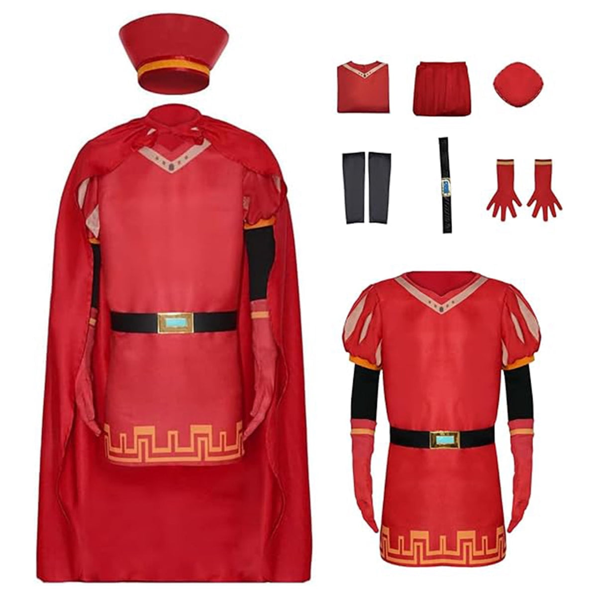 KAWELL Unisex Adult King Farquaad Cosplay Costume Outfits Halloween Classic Role Farquaad Costume Red Cape Cloak Cap Suit