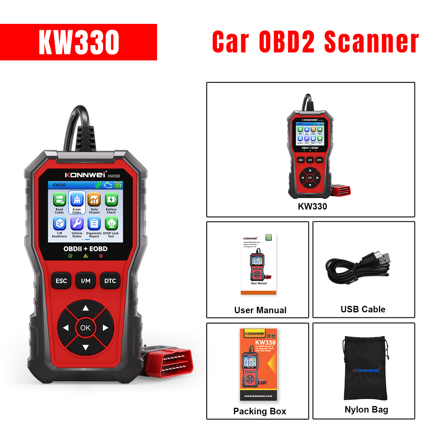KONNWEI KW330 VAG OBD2 Diagnostic Scanner | Full System | VW Audi Skoda Seat | Oil EPB Battery Reset