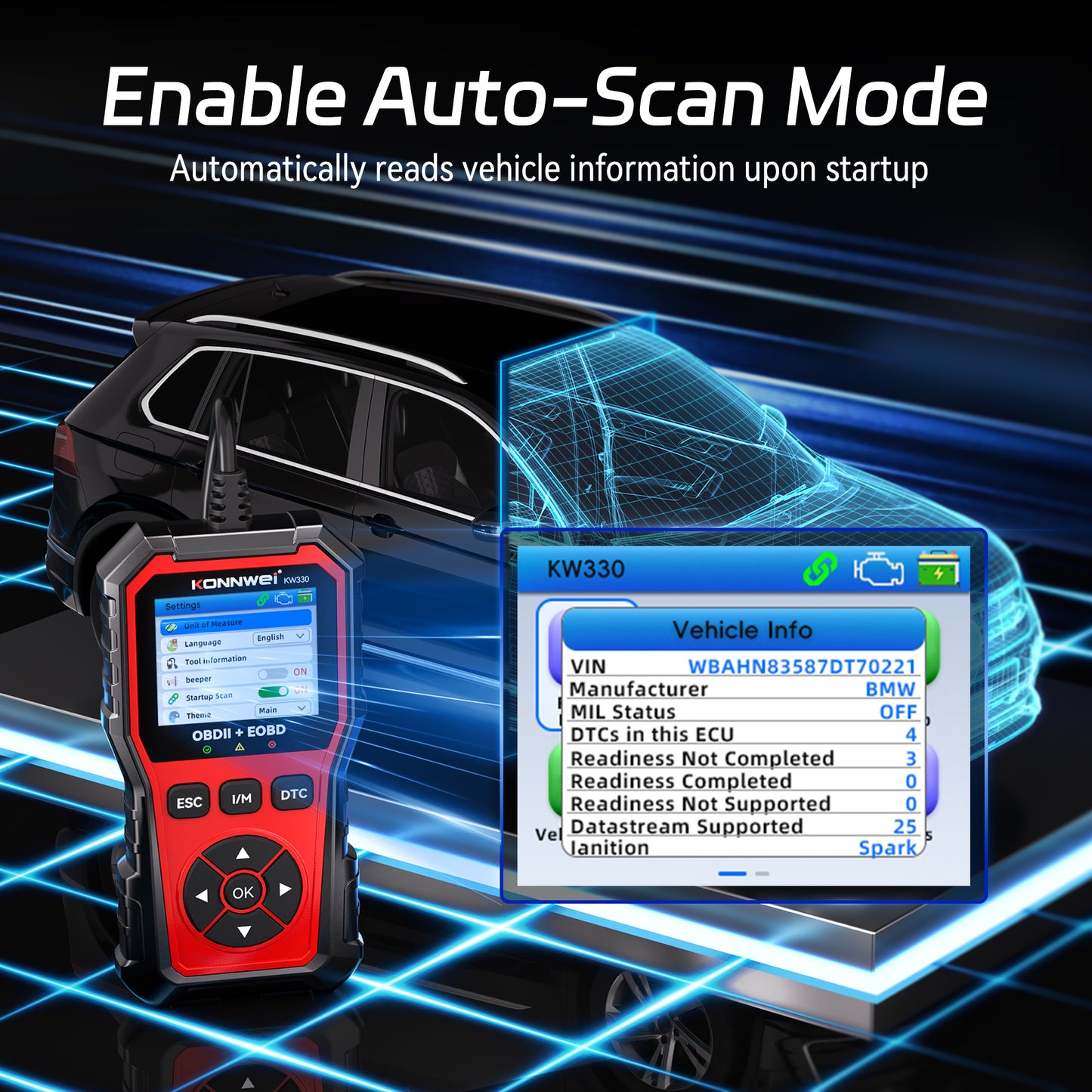 KONNWEI KW330 VAG OBD2 Diagnostic Scanner | Full System | VW Audi Skoda Seat | Oil EPB Battery Reset