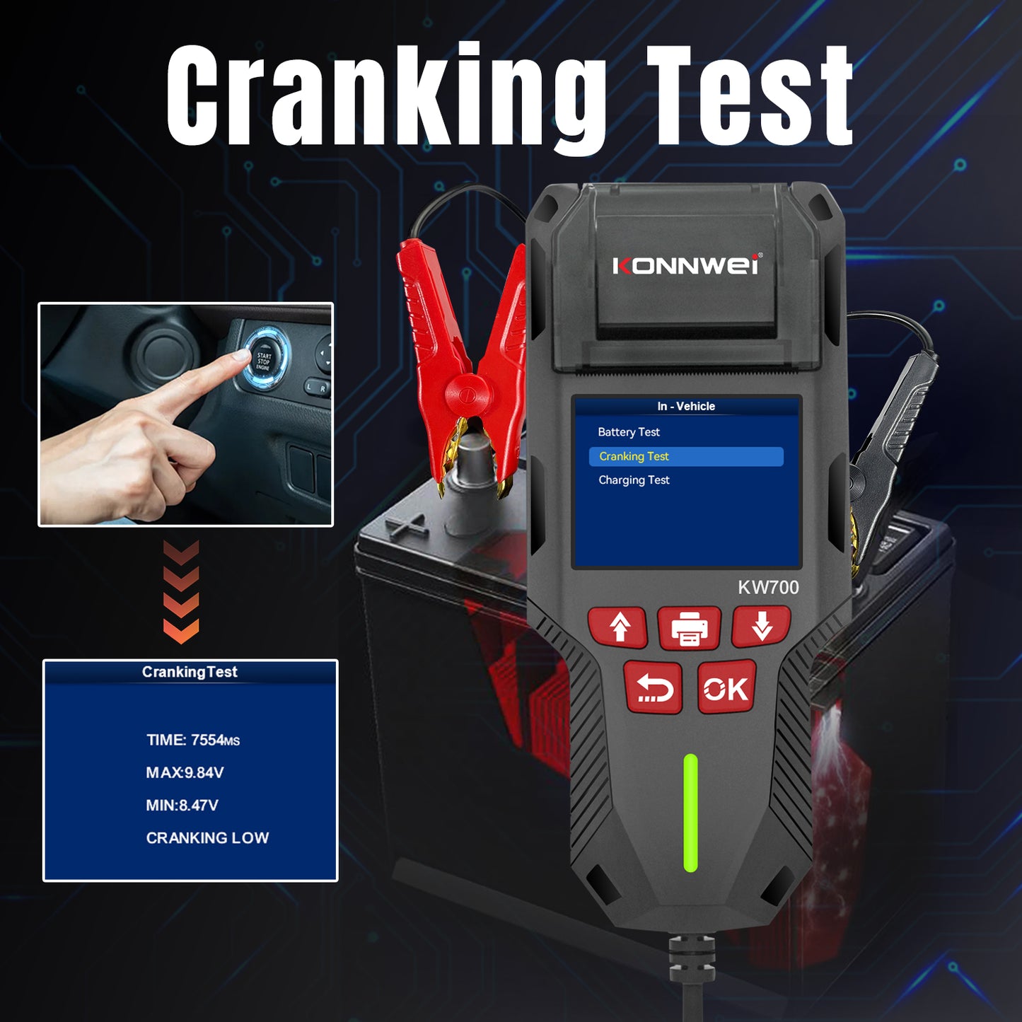 KONNWEI KW700 Battery Tester with Thermal Printer | 6V 12V 24V All-in-One Diagnostic Tool