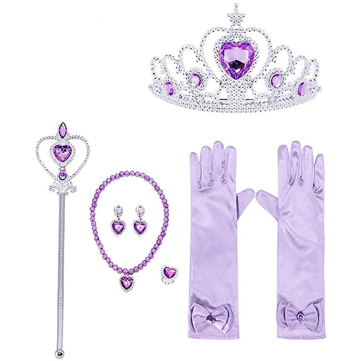 KAWELL Princess Dress Up Jewelry Dress Up Set for Girls Jewelry Accessories with Crowns, Necklaces, Wands, Gloves, Earrings (Yellow 5pcs)