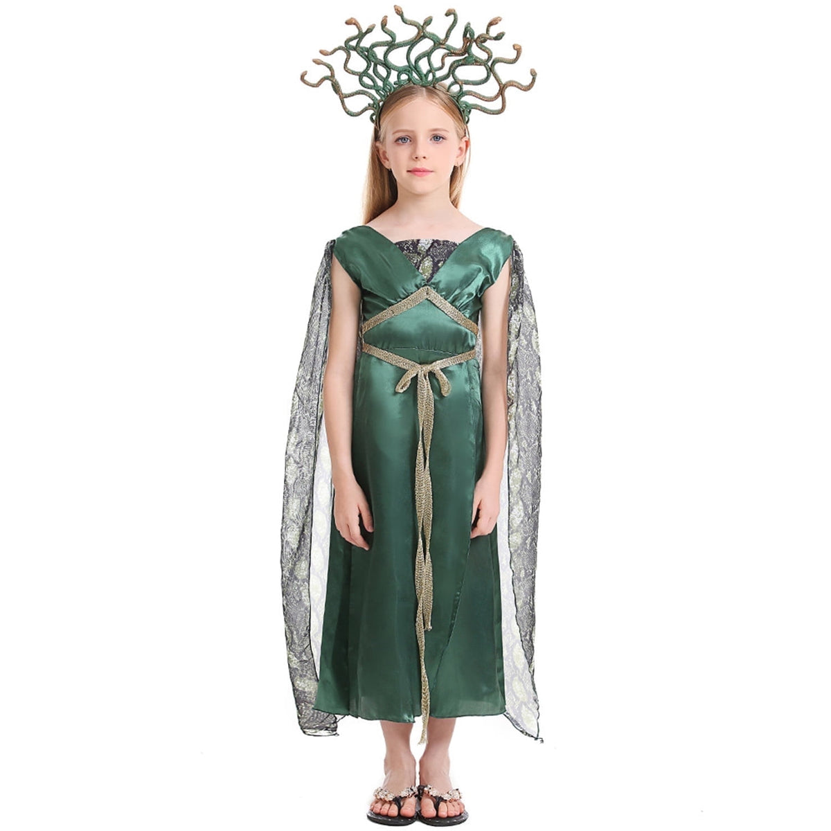 KAWELL Green Costume with Headpiece Green Dress for Halloween Dress Up
