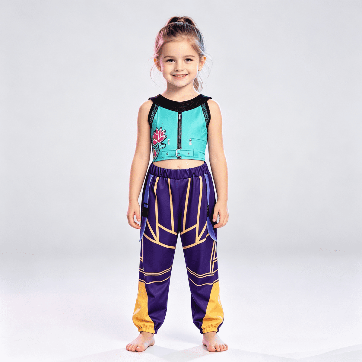 Kids Popular Singer Idol 2-Piece Outfit, Girls Pop Star Stage Printed Crop Top & Jogger Pants for Halloween Cosplay, 3-9 Years