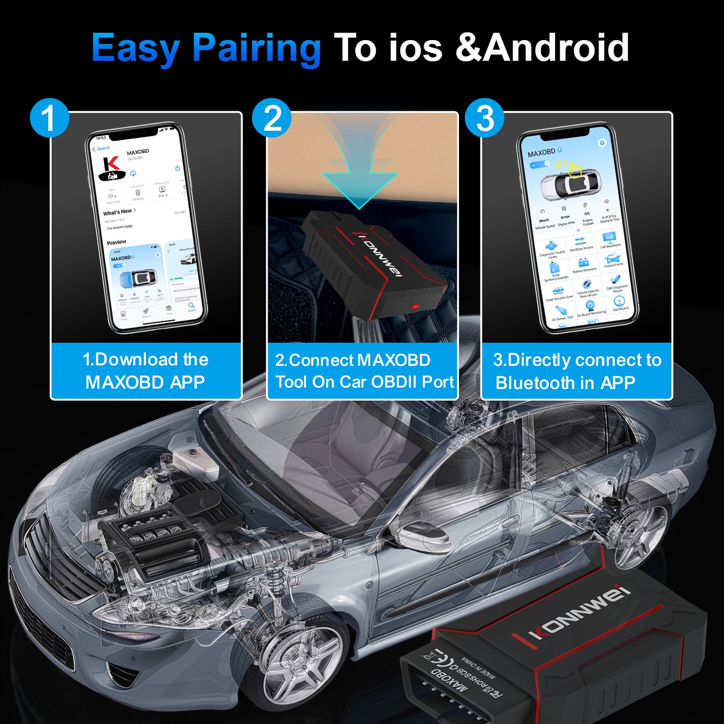 KONNWEI MAXOBD Bluetooth 5.0 OBD2 Car Diagnostic Scanner | Full System | iOS & Android