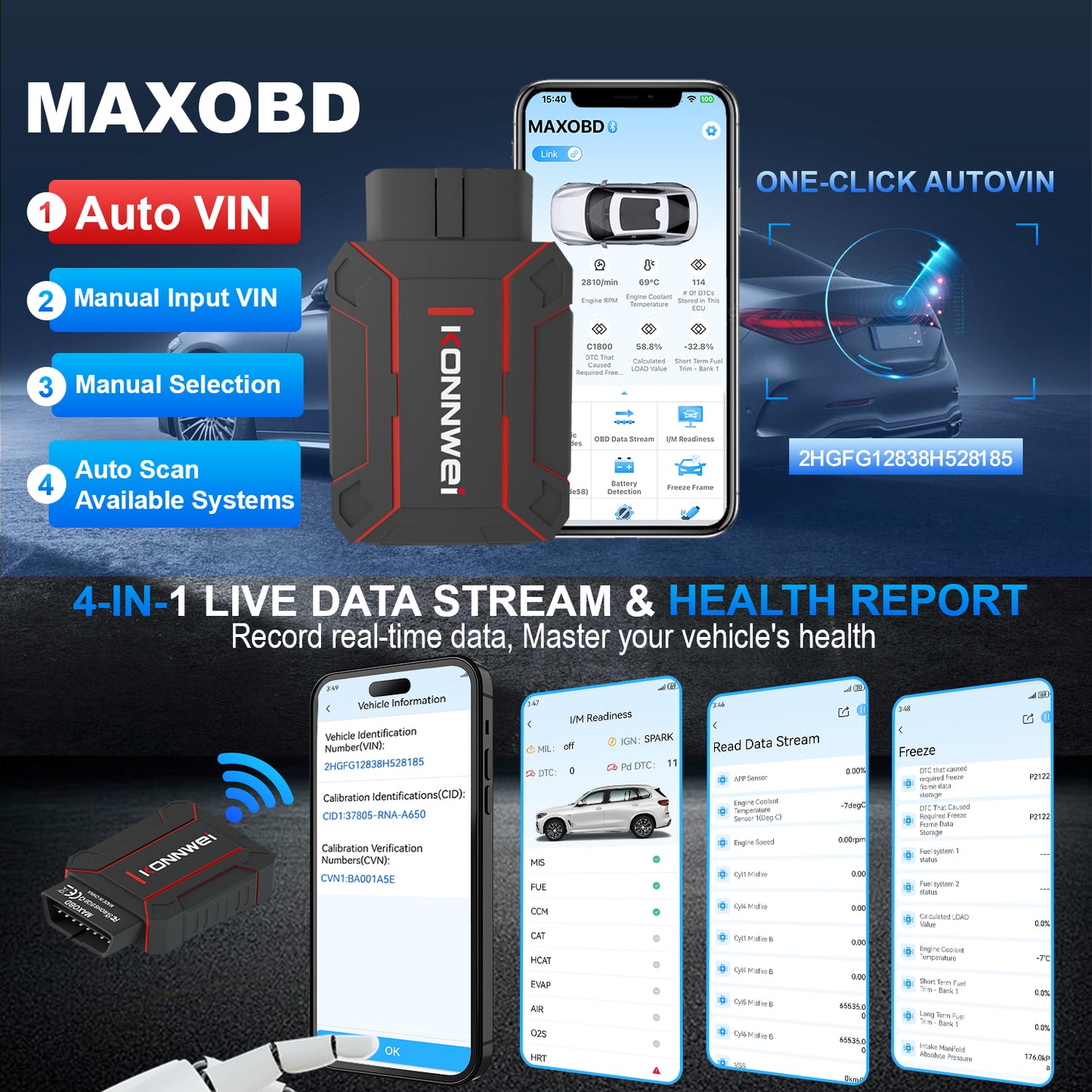 KONNWEI MAXOBD Bluetooth 5.0 OBD2 Car Diagnostic Scanner | Full System | iOS & Android