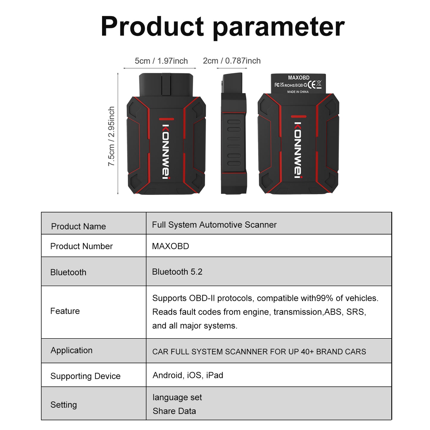KONNWEI MAXOBD Bluetooth 5.0 OBD2 Car Diagnostic Scanner | Full System | iOS & Android