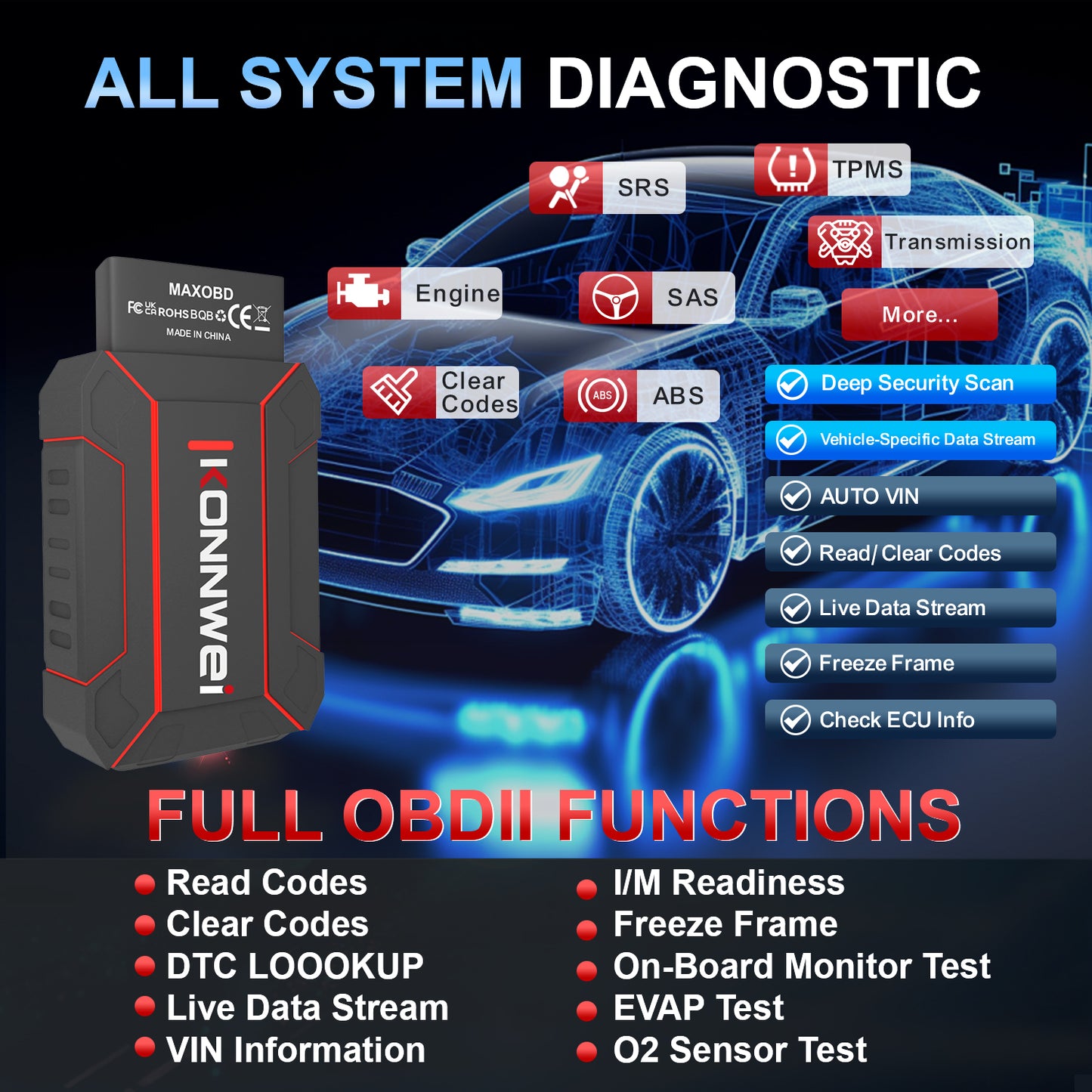 KONNWEI MAXOBD Bluetooth 5.0 OBD2 Car Diagnostic Scanner | Full System | iOS & Android